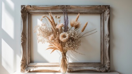 Fototapeta premium Wooden frame with dried flowers in a vase set against a background wall.