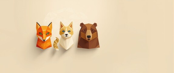 Naklejka premium Polygonal Animal Heads of Fox Cat and Bear on Beige Background