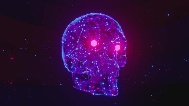 Seamless vj loop of abstract human skull formed by glowing polygonal plexus network. Digital futuristic artificial intelligence model made of connected molecular nodes and abstract background.