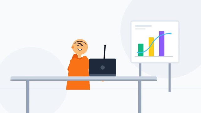Minimalist illustration of a professional presenting business growth data on a whiteboard.