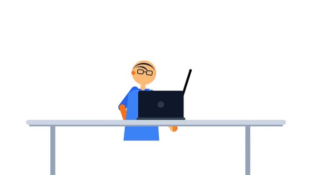 A simple animation of a person with glasses sitting at a desk with a laptop and a pointer.