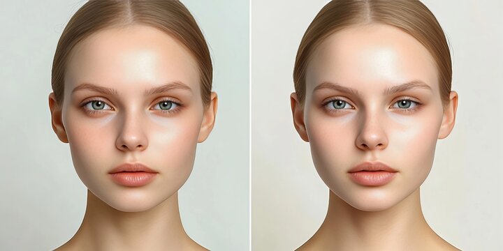 Collage of two portraits comparing a tired woman with a stressed look to a calm refreshed persona.