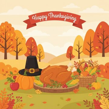A festive illustration featuring a roasted turkey and pilgrims hat for a happy thanksgiving holiday celebration