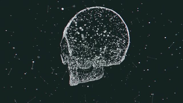 Seamless vj loop of abstract human skull formed by glowing polygonal plexus network. Digital futuristic artificial intelligence model made of connected molecular nodes and abstract background.