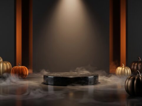 Halloween product display stand with pumpkins and fog