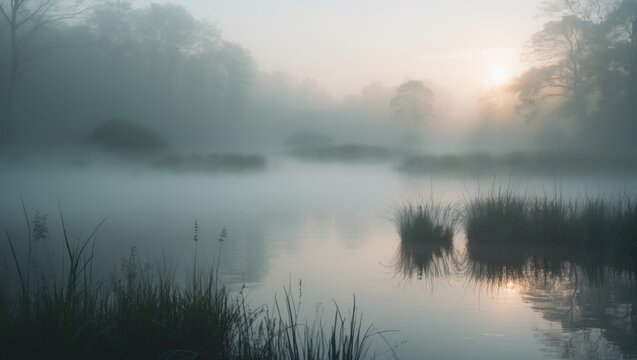 Panorama of a foggy sunrise over a fen, featuring some shrubs in the foreground in Gelderland, the Netherlands