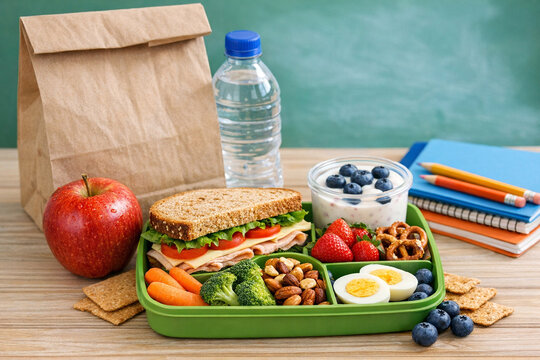 This is a vibrant and nutritious lunch box for a busy day at school or work. It includes an apple, carrot sticks, sandwich, yogurt, tortilla chips, blueberries, water bottle, and books.