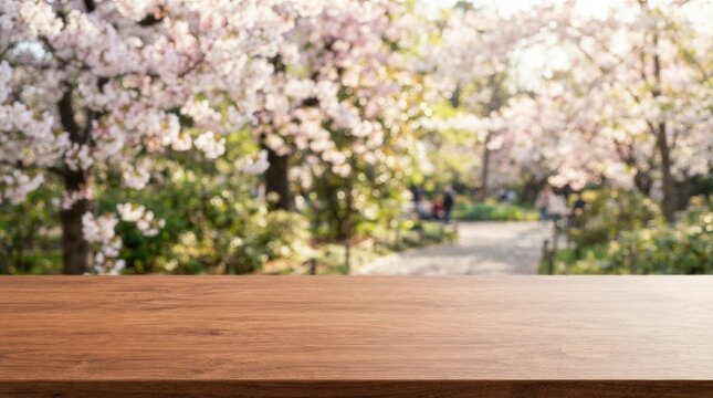 Stylish empty wooden tabletop surface for product presentation, featuring a blurred natural floral background ideal for mockup backdrops, branding, and marketing materials