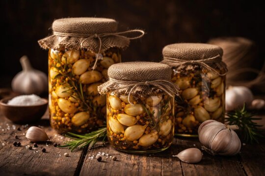 Marinated Garlic Cloves in Jars Decorated with Burlap on a Wooden Table
