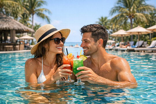 A young couple enjoying a vacation together, sipping drinks at a resort poolside with blue water and palm trees.