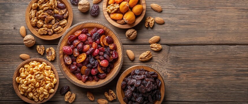 Assorted Nuts and Dried Fruits in Wooden Bowls on Rustic Table