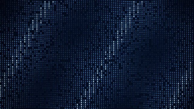 Binary digits changing across a dark blue digital background with shifting rows of glowing numbers