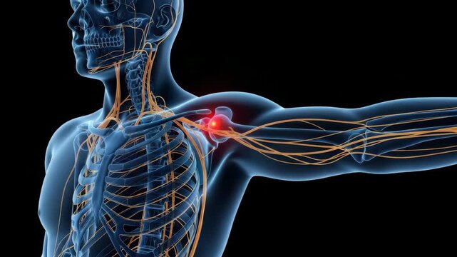 Human shoulder pain with highlighted nerves and anatomy
