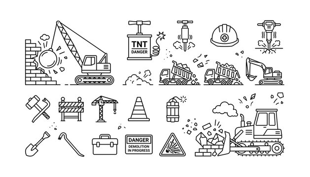 Demolition and heavy construction line art vector icons set with bulldozer crane tnt excavator truck wrecker hammer cone