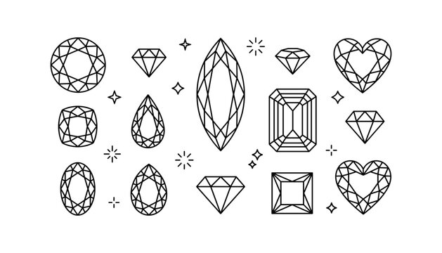 Diamond shapes and luxury jewelry gemstones line art vector elements set with heart marquise emerald pear crystal sparks