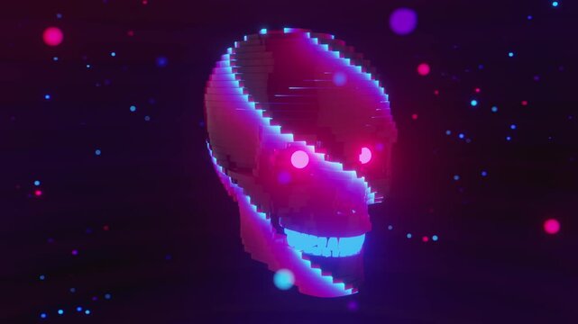 Seamless VJ loop of a glowing digital skull made of layered horizontal slices. Dynamic illuminated stage backdrop for electronic music festivals, dancefloors, club events, rave parties, and live shows
