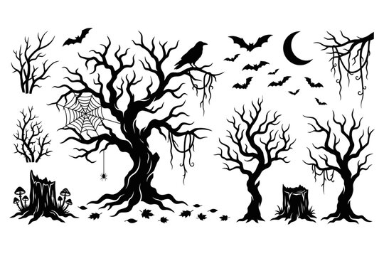 Silhouette halloween day set vector trees bats raven moon dark scary