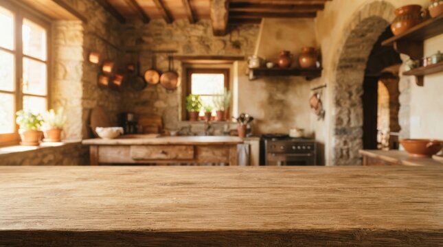 Sharp empty wooden tabletop surface in foreground over a blurred rustic kitchen interior background ideal for product presentation, mockup backdrops, branding, and marketing materials