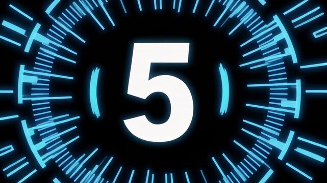 Digital countdown timer with futuristic HUD elements and glowing number five during animation