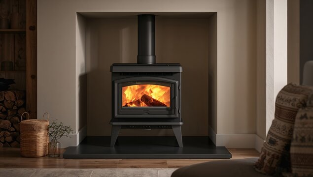 Cozy Wood Stove with Flames in Modern Living Room Decor
