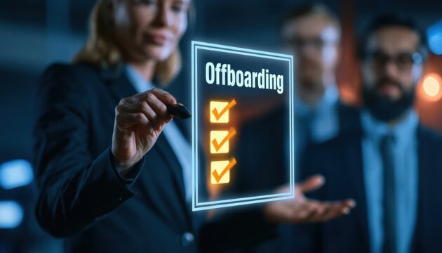 Businesswoman interacting with futuristic holographic offboarding checklist interface