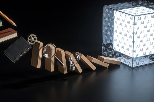 Dominoes shaped like books pencils and gears fall toward a glowing AI cube symbolizing human skills collapsing into technology dependence