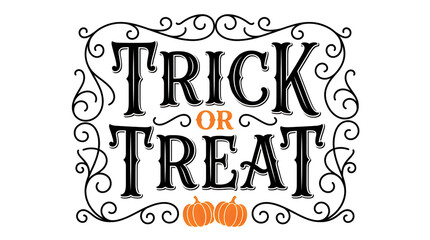 Trick or Treat typography design with decorative flourishes and orange pumpkins. © MD ACHADUL ISLAM