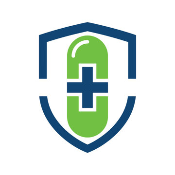 Healthcare shield logo with green capsule and medical cross icon