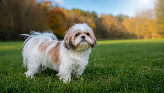 Cute Shih Tzu Dog Standing on Grass in a Sunny Autumn Park