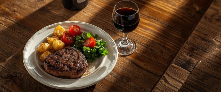 Grilled Steak Salad with Roasted Potatoes and Cherry Tomatoes in Warm Lighting