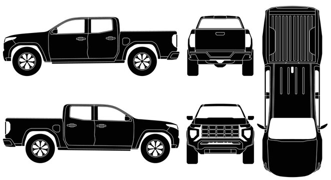 Detailed black silhouette illustration of a pickup truck from multiple angles.