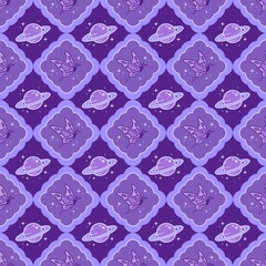 Mystical retro seamless pattern with butterflies in vintage frames and Saturn planets. Purple dreamlike space vector illustration, perfect for stationery, aesthetic and decorative background. © Anuphong