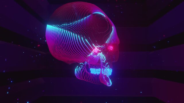 Seamless VJ loop of a glowing digital skull formed by dense fiber optic wireframe lines. Dynamic stage backdrop for electronic music festivals, dancefloors, club events, rave parties, and shows.