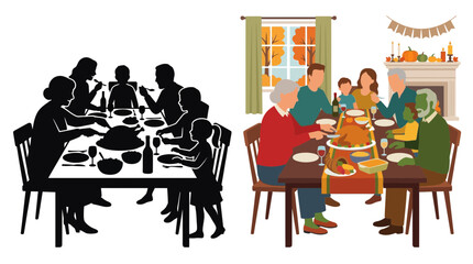 Fototapeta premium Family dinner scene with a silhouette and colored illustration versions
