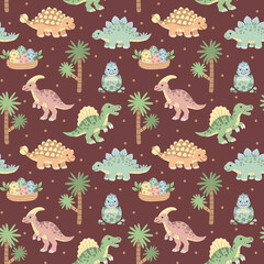 Cute Pastel Dinosaurs with Tropical Trees on Maroon Seamless Pattern © draftsndoodles