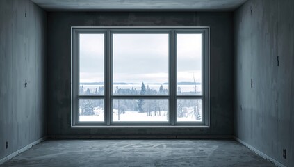 Fototapeta premium Empty Room with Large Windows Overlooking a Snowy Landscape in Soft Light