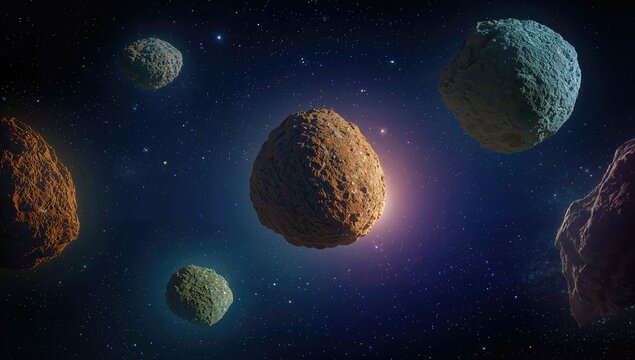 Colorful Asteroids Floating in Space Against a Starry Background