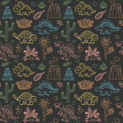Dinosaurs with Volcanoes and Tropical Plants Pastel Line Art on Dark Gray Seamless Pattern © draftsndoodles