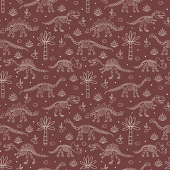Dinosaur Skeletons with Palm Trees and Rocks Line Art on Maroon Seamless Pattern © draftsndoodles