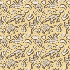 Dinosaur Fossils, Skeletons, and Bones on Yellow Seamless Pattern © draftsndoodles