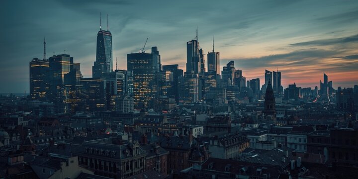 City Skyline at Dusk with Dramatic Clouds and Illuminated Buildings