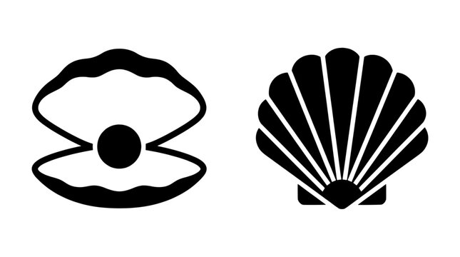 Seashell icon set in a flat black silhouette style including open oyster with pearl and scallop shell.