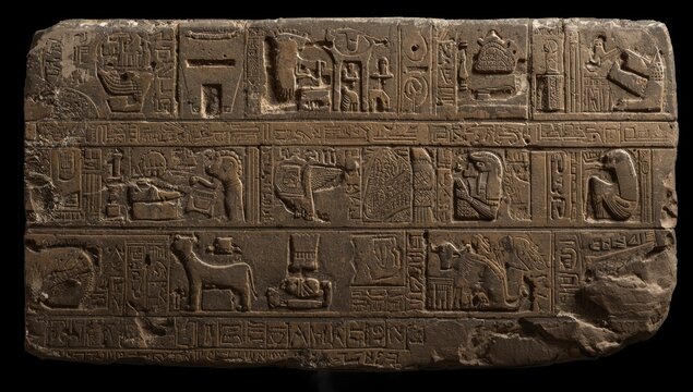 Ancient Egyptian Hieroglyphics Inscribed on Stone Tablet with Detailed Symbols