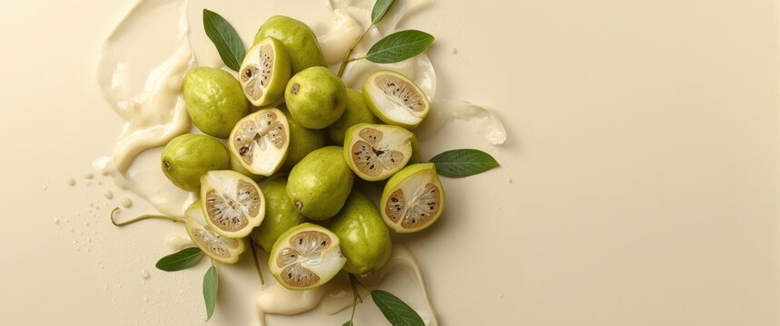 Fresh Green Lemons with Cut Halves and Leaves on Creamy Background