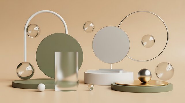 A minimalist product display scene featuring a gold sphere and glass orb on geometric pedestals for elegant showcase