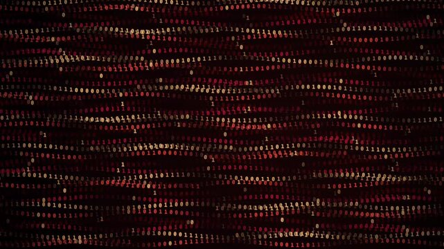 Binary code characters flowing across dark digital background with layered red and gold motion