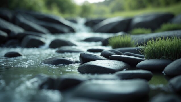 Smooth River Stones with Flowing Water in a Lush Green Landscape