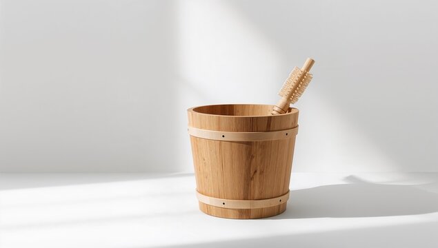 Wooden Bucket with Bath Brush on a White Background in Soft Light