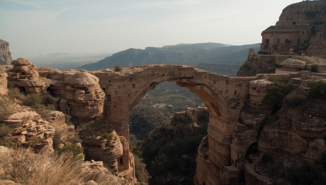Ancient Stone Arch Bridge Over a Valley in a Mountainous Landscape