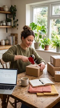 Woman taping shipping box surrounded by packed parcels, small business order fulfillment